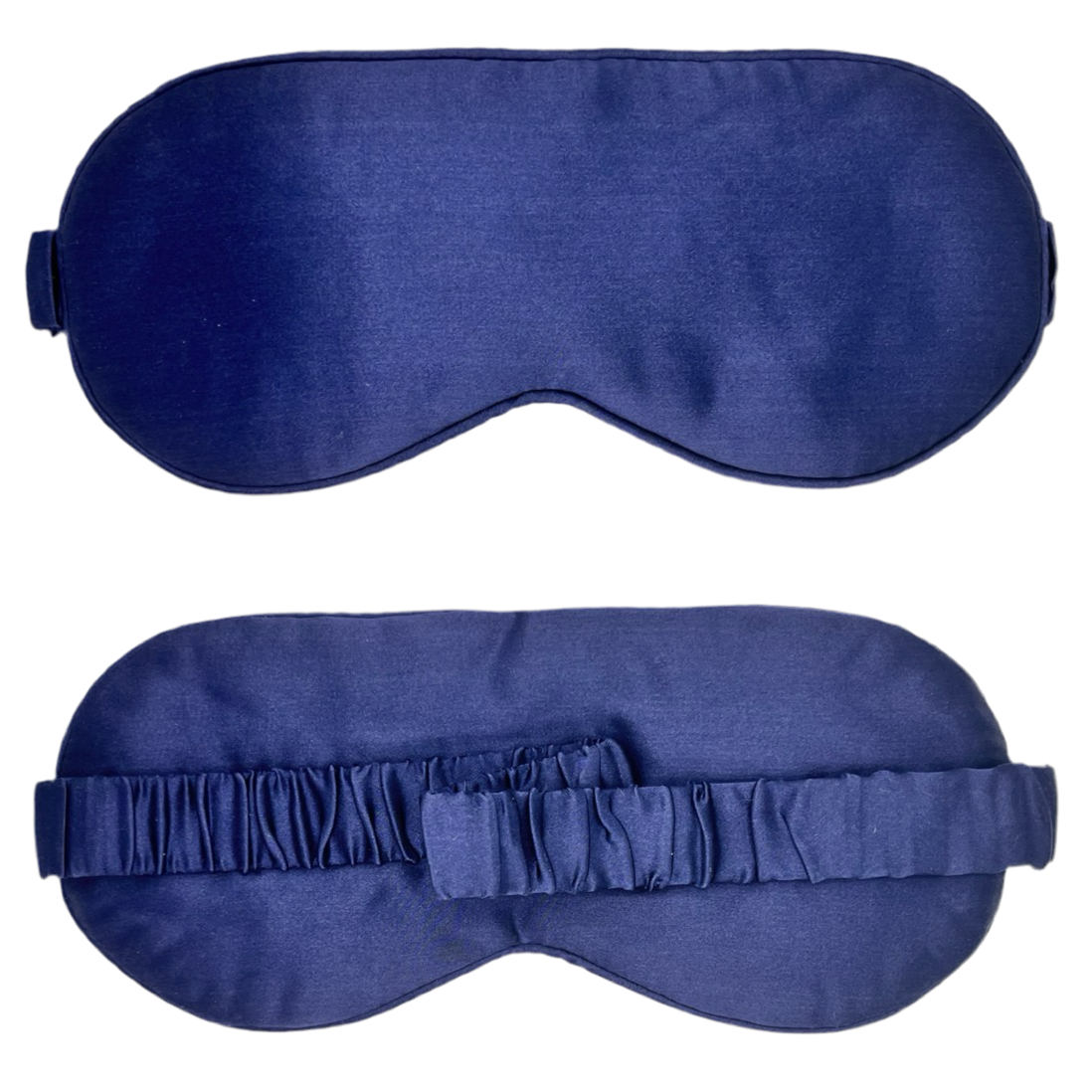 Antifaz para dormir de seda morera color azul marino visto de frente con banda elástica