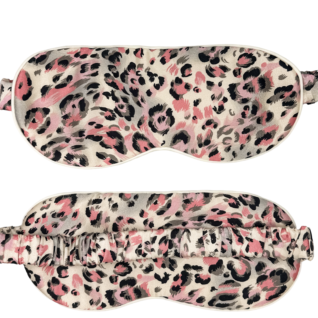 Antifaz para dormir de seda morera Rosa Salvaje con estampado animal rosa, gris y negro, vista frontal y trasera