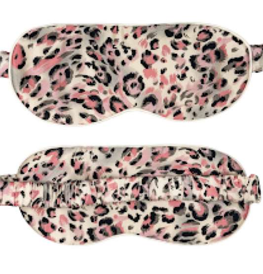 Antifaz para dormir de seda morera Rosa Salvaje con estampado animal rosa, gris y negro, vista frontal y trasera