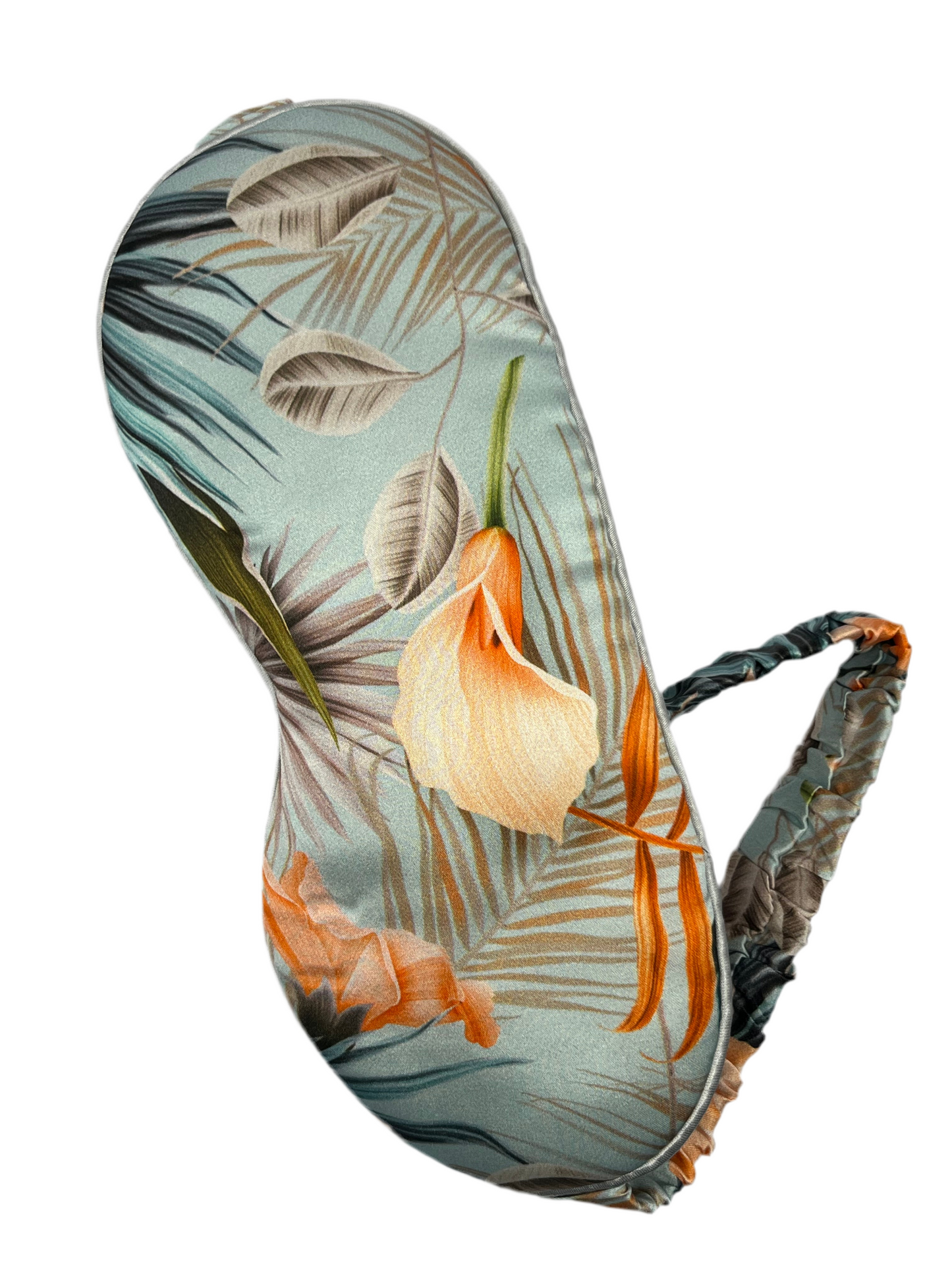 Antifaz de seda morera con estampado tropical, vista frontera
