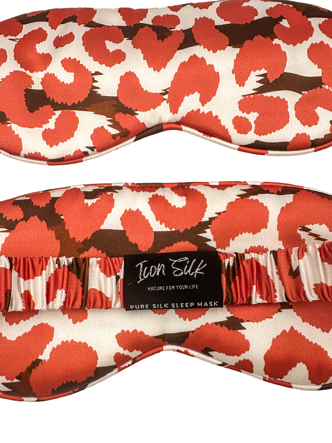Antifaz de seda morera con estampado de leopardo rojo, vista frontal y trasera con banda elástica