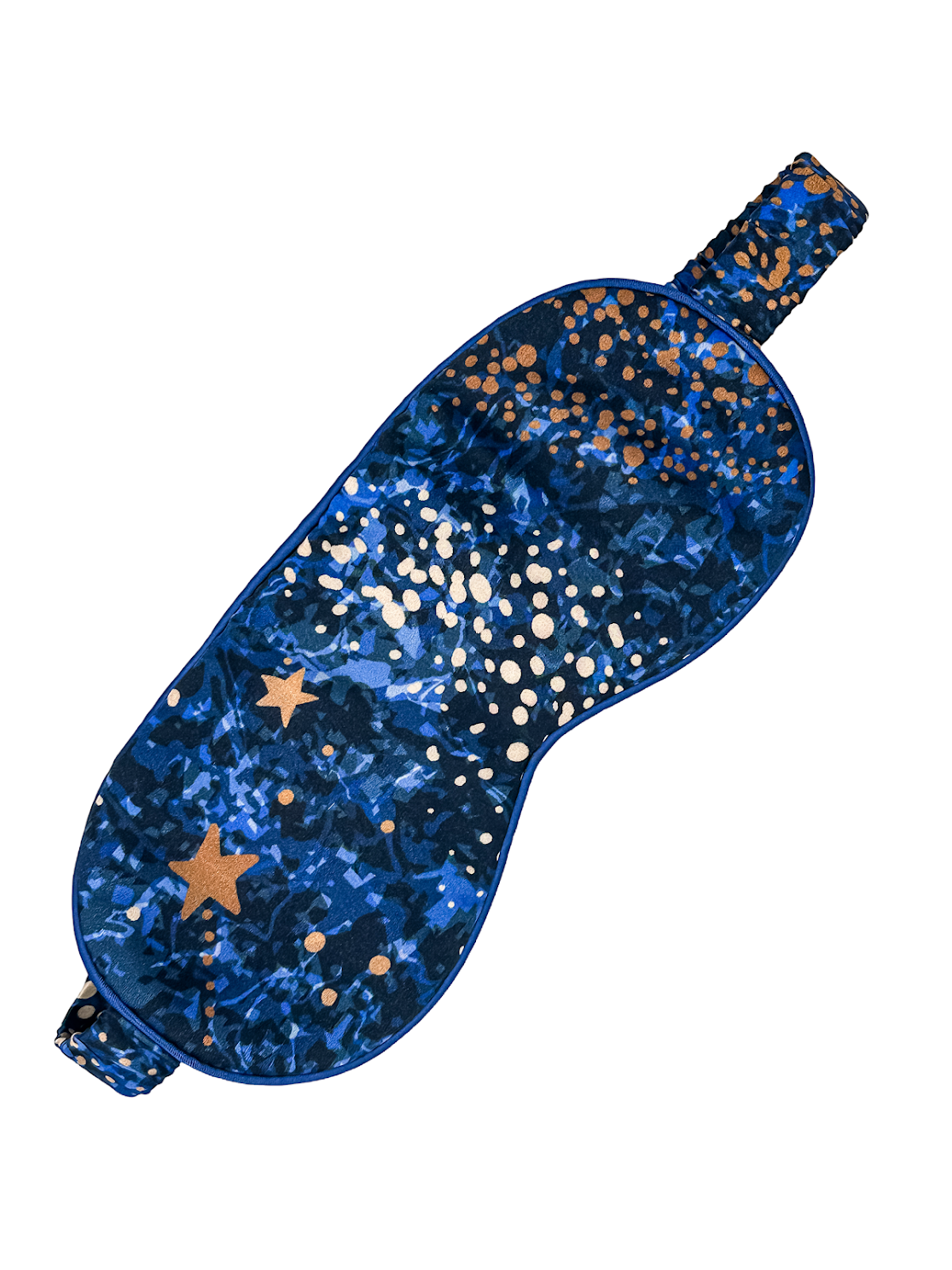 Texto alternativo:
Vista lateral del antifaz para dormir de seda Cielo Nocturno en tonos azules con estrellas doradas
