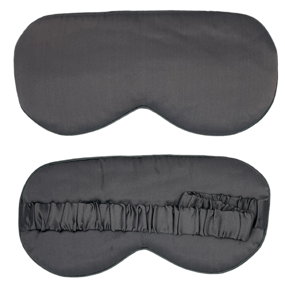 Antifaz para dormir de seda de color carbon,vista frontal y trasera con banda elástica