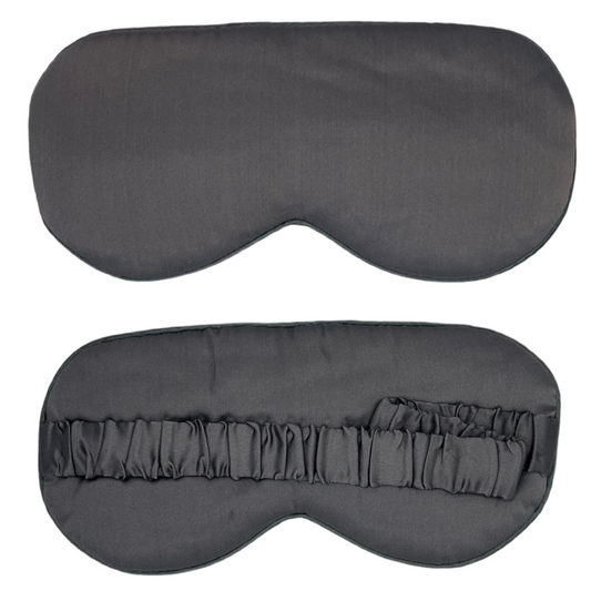 Antifaz para dormir de seda de color carbon,vista frontal y trasera con banda elástica