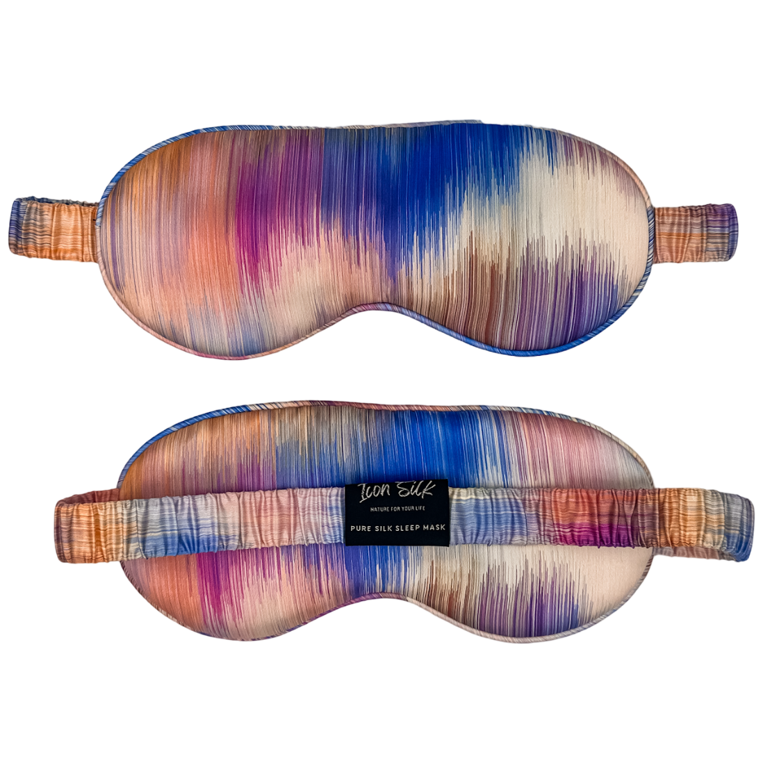 Antifaz para dormir de seda morera con estampado con efecto amanecer multicolor, vista frontal y trasera con banda elástica