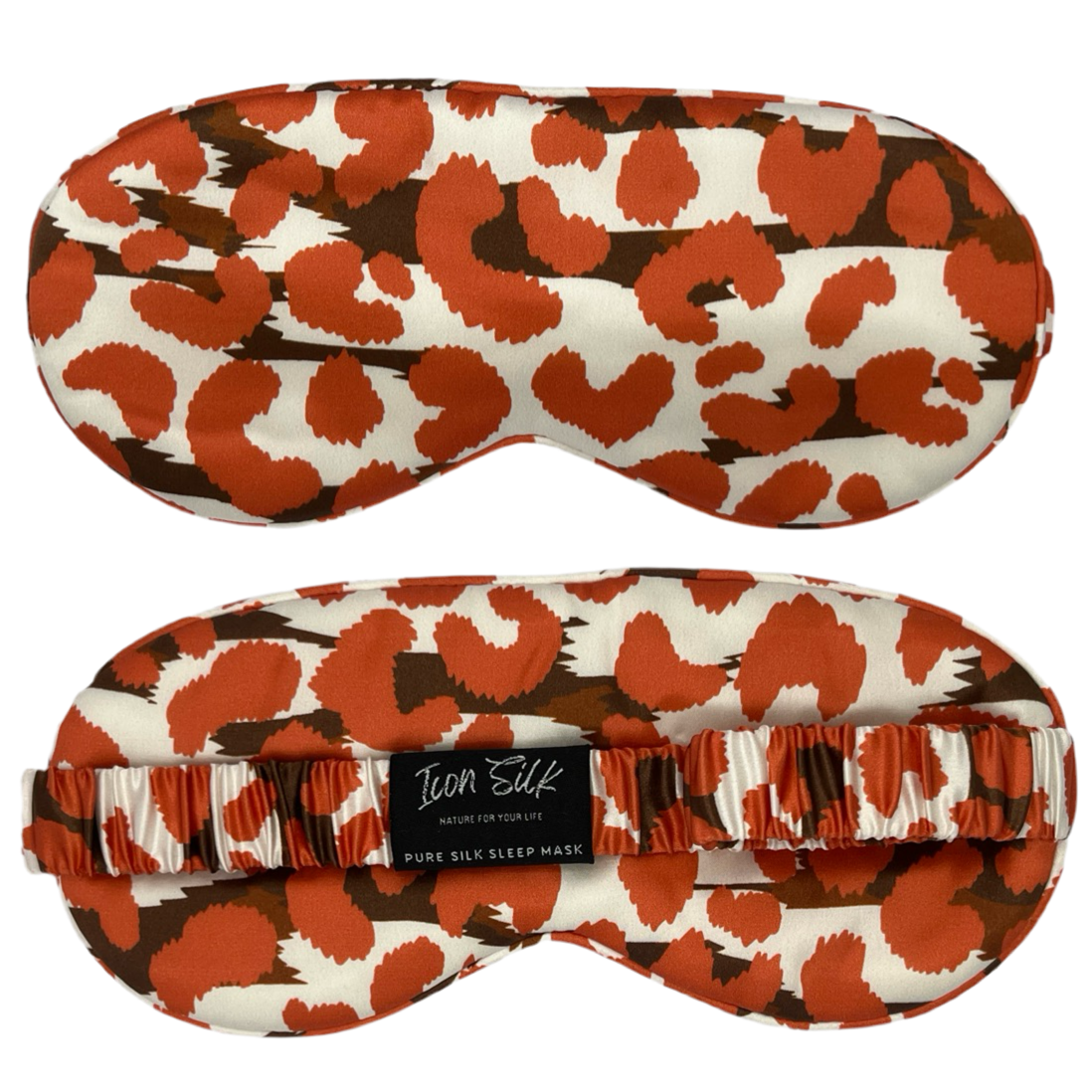 Antifaz para dormir de seda morera con estampado leopardo rojo, vista frontal y trasera con banda elástica