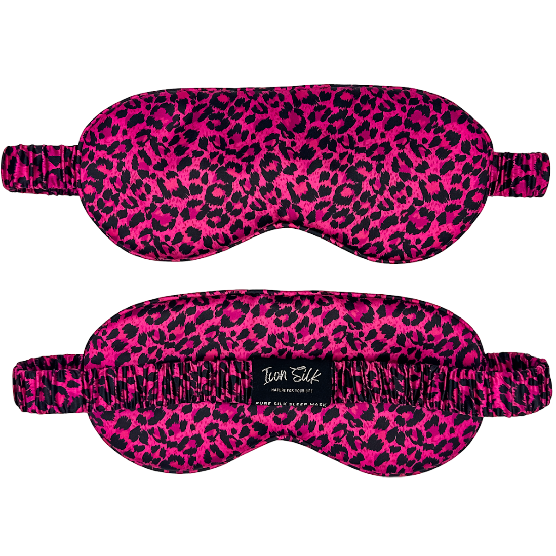 Antifaz para dormir de seda morera con estampado de leopardo rosa, vista frontal y trasera con banda elástica