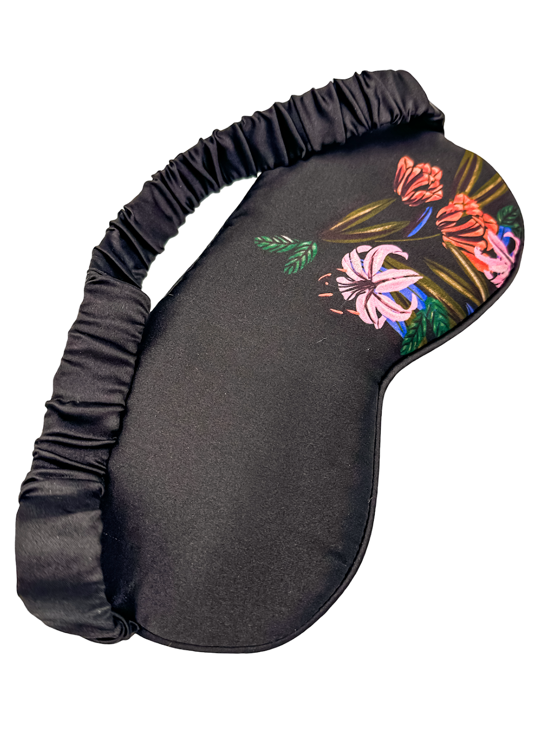 Antifaz para dormir de seda de morera floral marrón oscuro con banda elástica revestida de seda