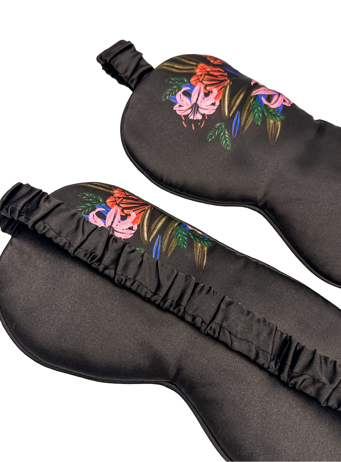Antifaz para dormir de seda de morera floral marrón oscuro mostrado por delante y por detrás