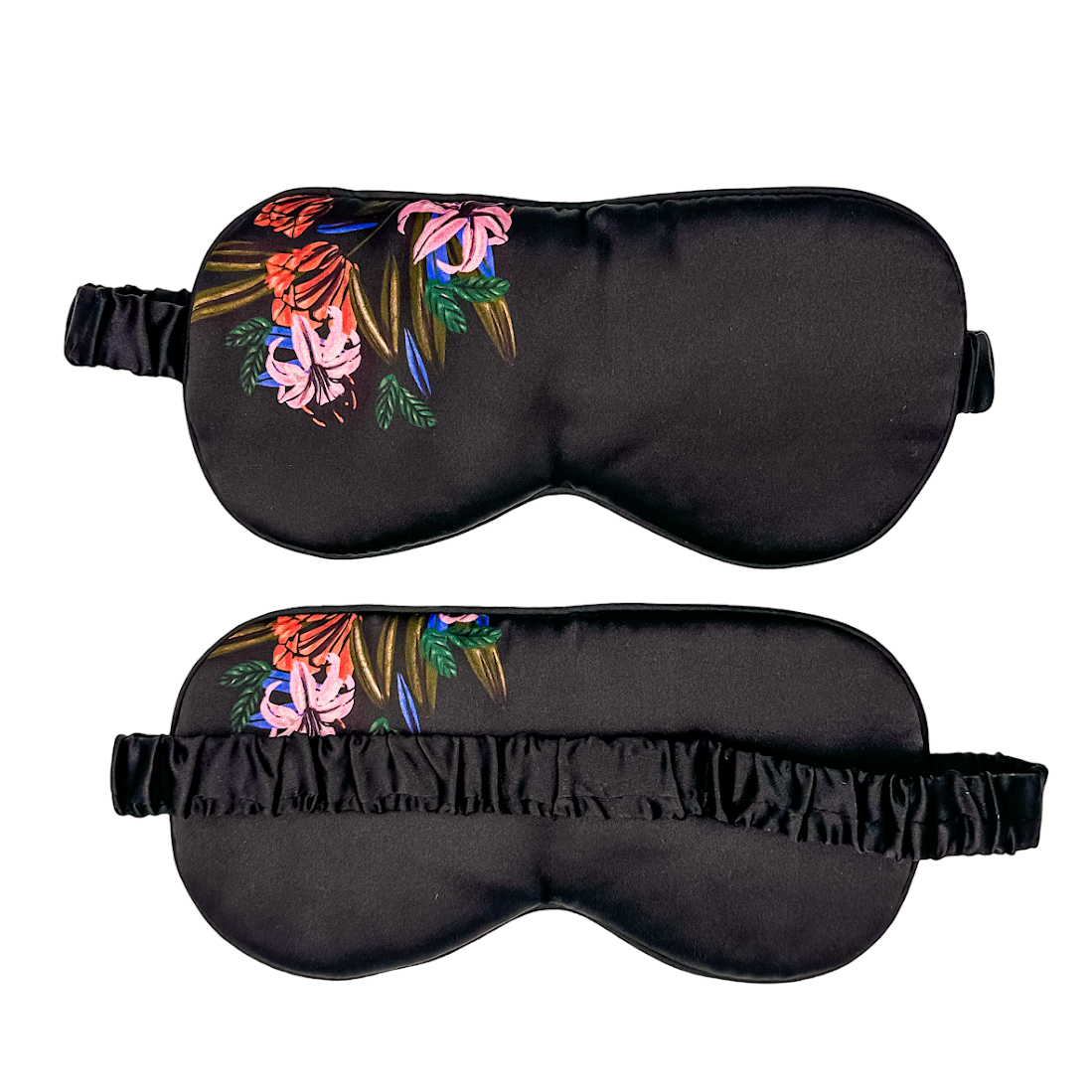 Antifaz para dormir de seda morera con estampado floral marrón oscuro, vista frontal y trasera