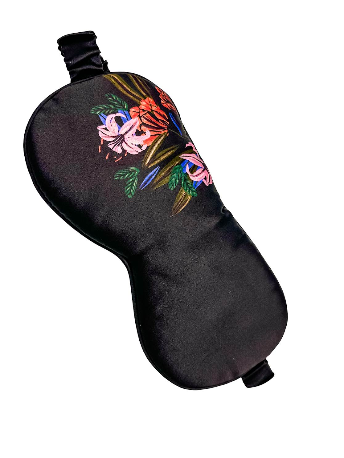 Antifaz para dormir de seda de morera floral marrón oscuro sobre fondo blanco