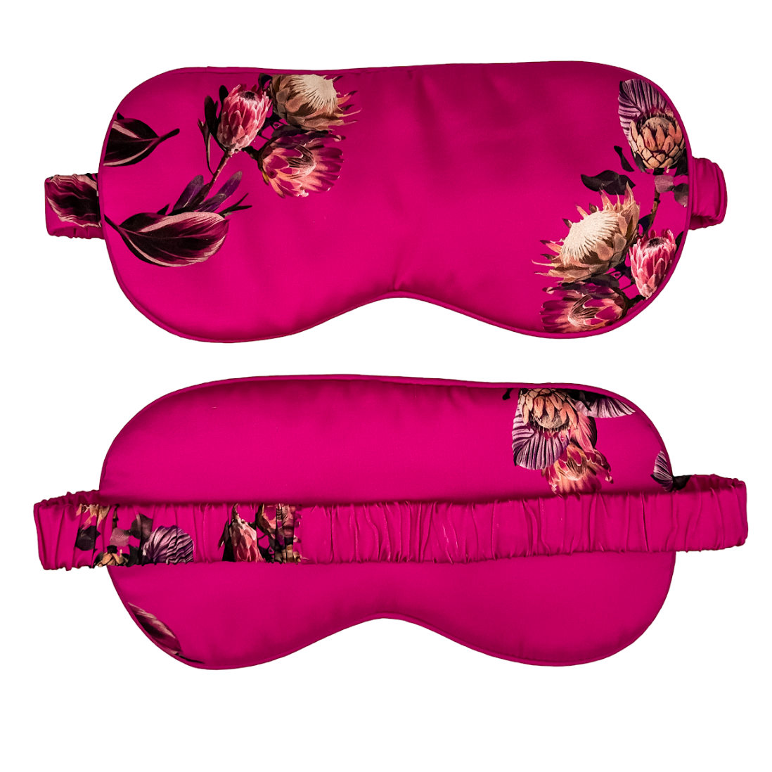 Antifaz para dormir de seda morera color fucsia con estampado floral, vista frontal y trasera con banda elástica