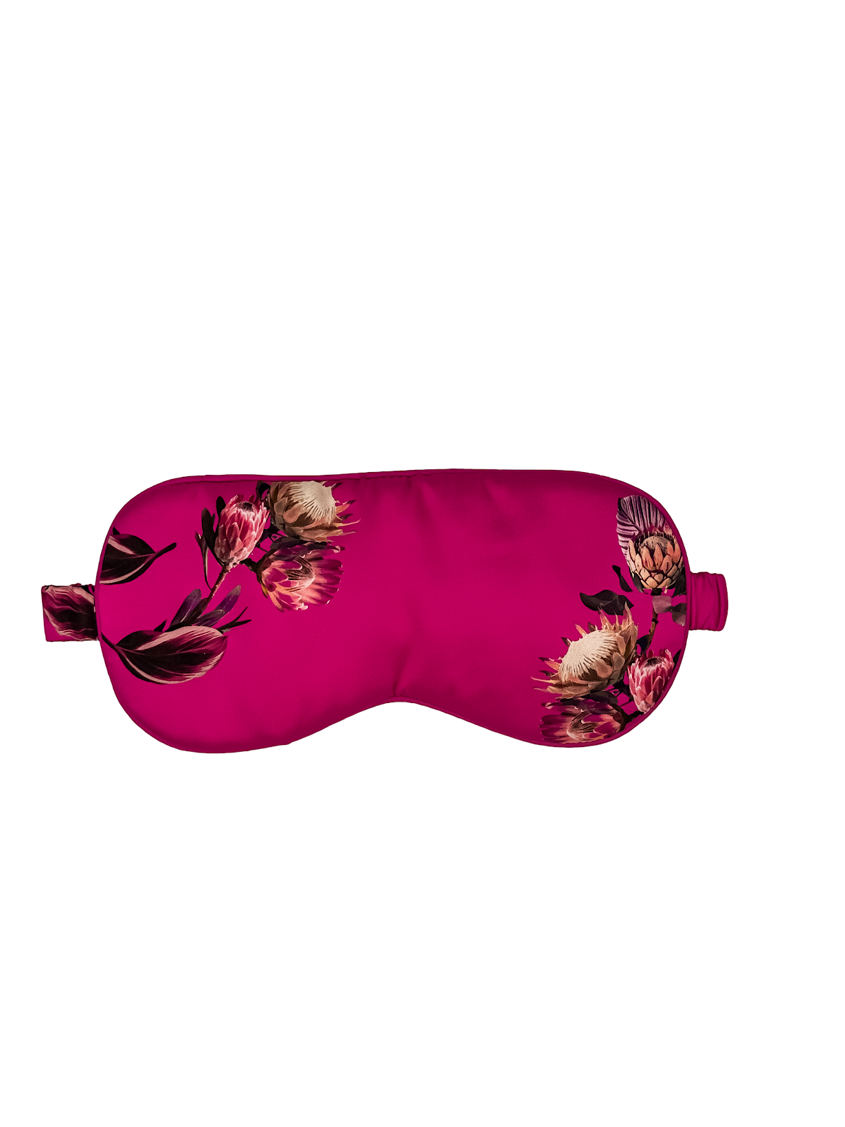 Antifaz para dormir de seda morera color fucsia con estampado floral visto de frente