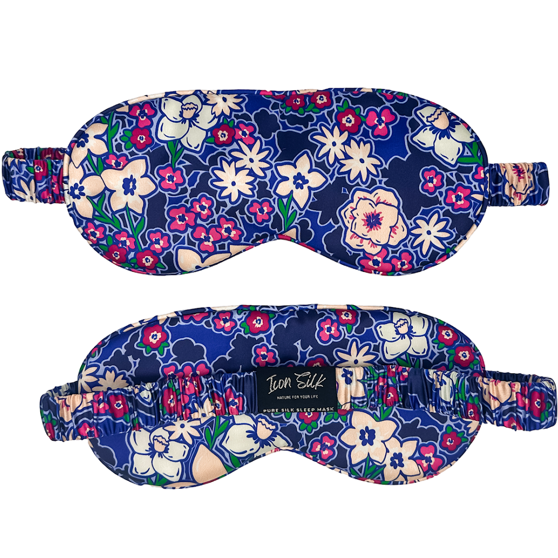 Vista frontal y trasera del antifaz para dormir de seda Jardín Azul con estampado floral multicolor sobre fondo azul marino