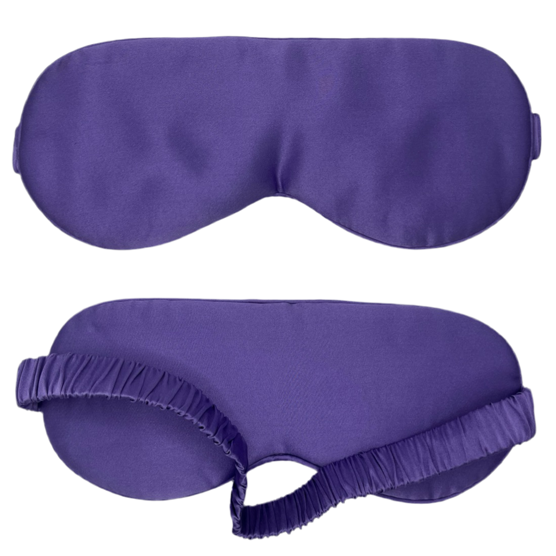 Antifaz para dormir de seda de color lirio, vista frontal y trasera con banda elástica