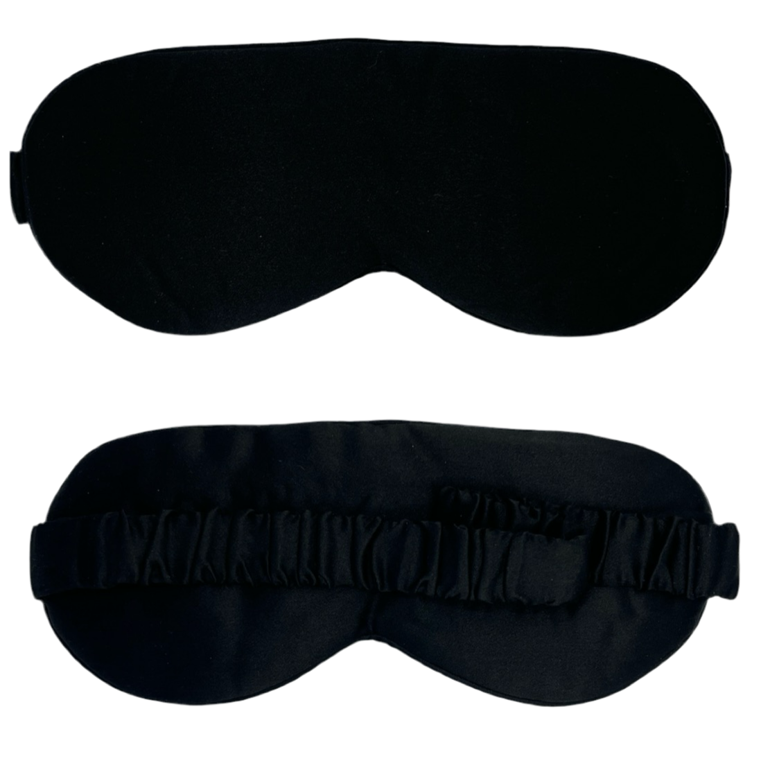 Antifaz para dormir de seda de color negro, vista frontal y trasera con banda elástica