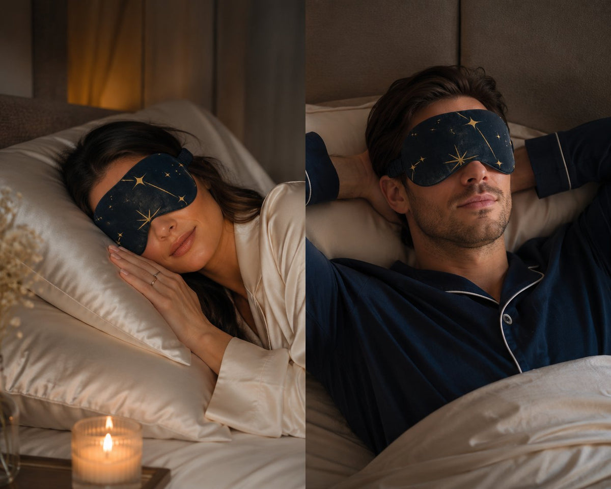 Mujer y hombre descansando con el antifaz para dormir de seda Noche Estrellada con estrellas doradas