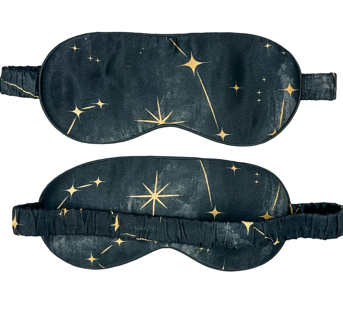 Antifaz para dormir de seda Noche Estrellada con estrellas doradas, mostrado por delante y por detrás