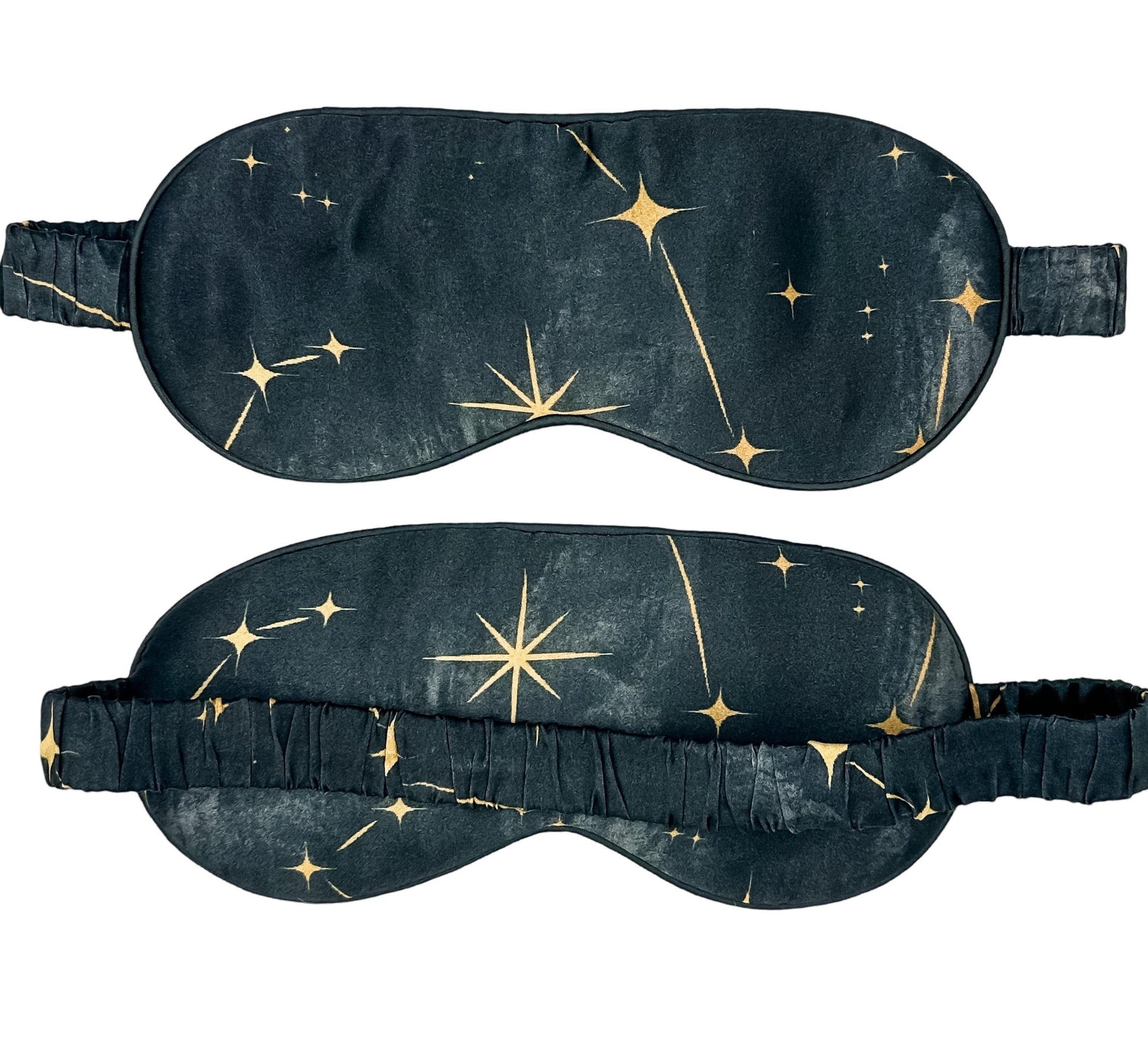 Antifaz para dormir de seda Noche Estrellada con estrellas doradas, mostrado por delante y por detrás