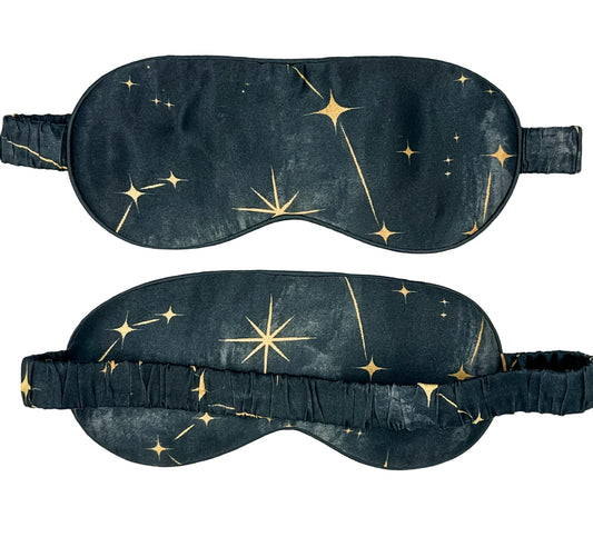 Antifaz para dormir de seda Noche Estrellada con estrellas doradas, mostrado por delante y por detrás