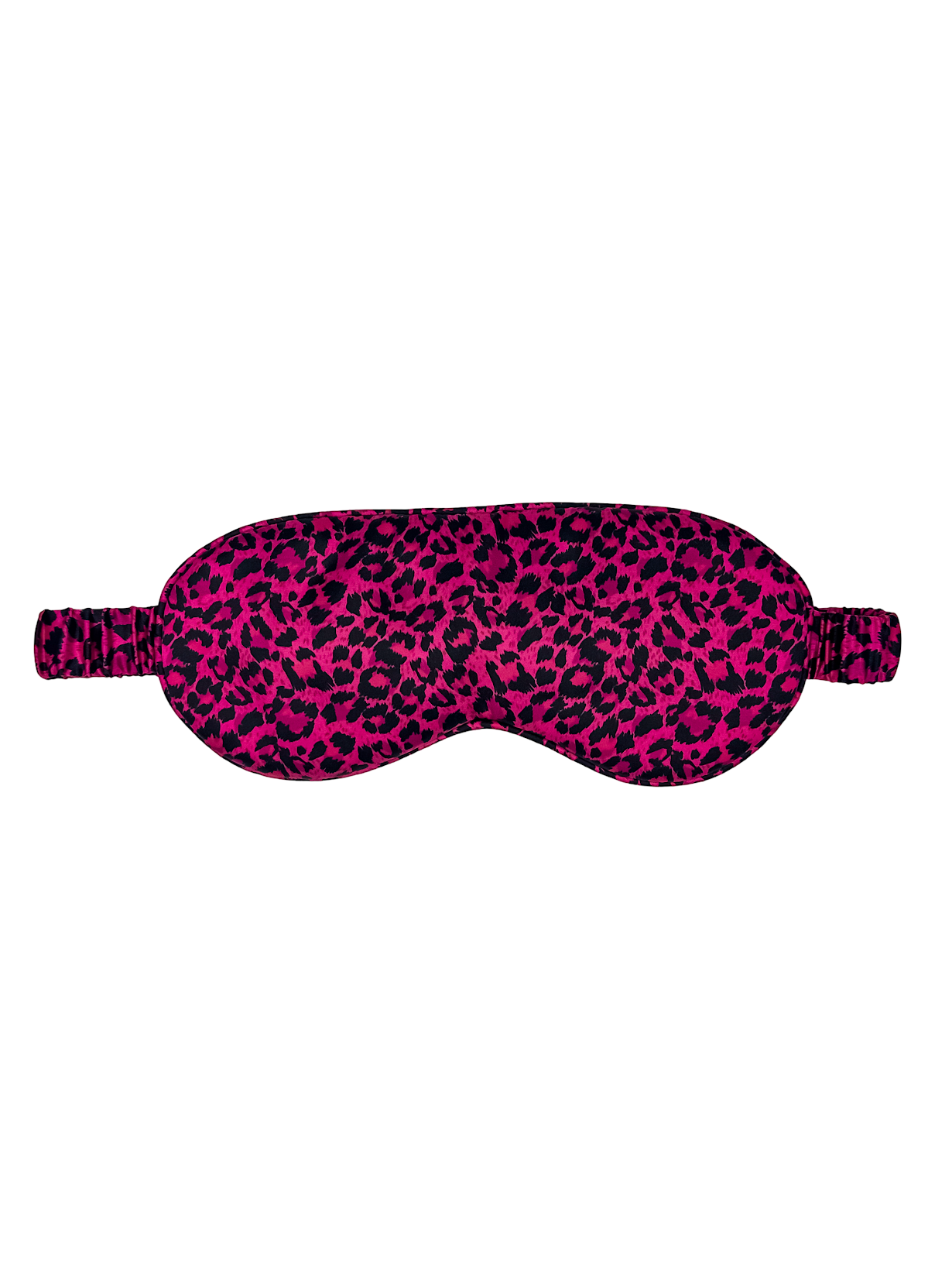 Antifaz para dormir de seda morera con estampado de leopardo rosa y negro, vista frontal