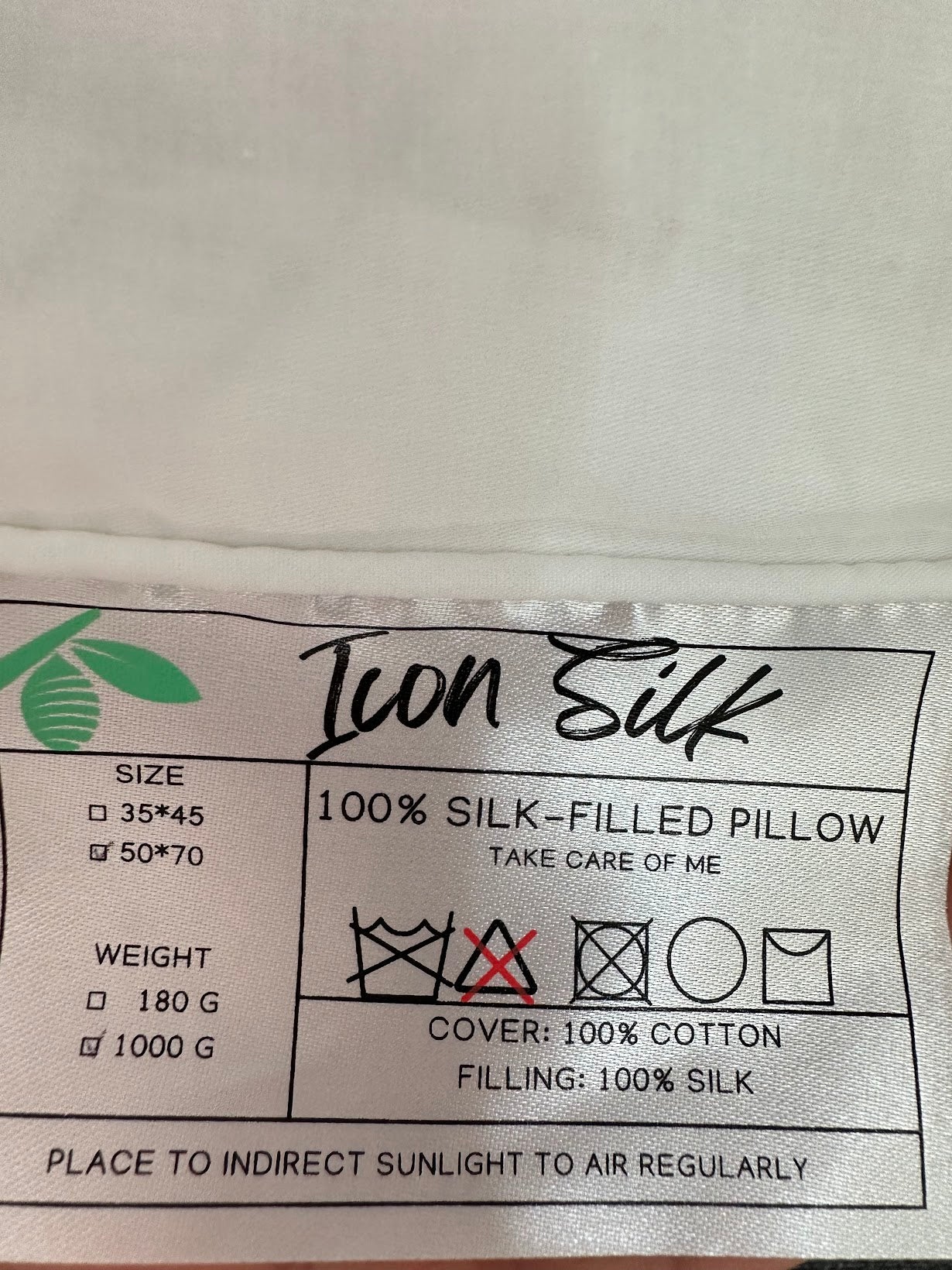 Etiqueta de almohada de 50 × 70 cm con relleno 100 % de seda y funda de algodón