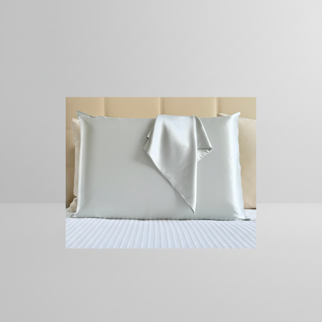 Vista frontal de una funda de almohada de seda de morera color azul claro sobre una cama