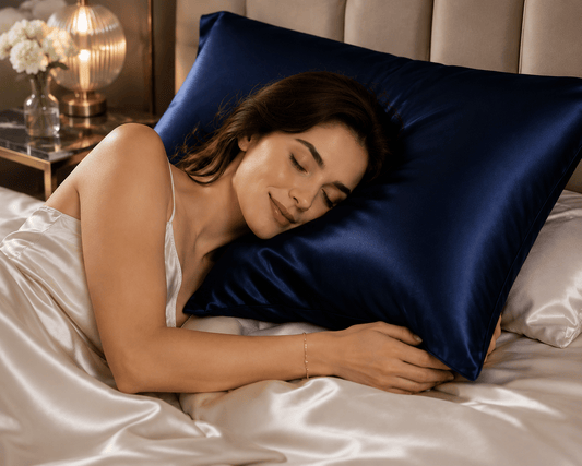 Mujer durmiendo sobre una funda de almohada de seda azul marino