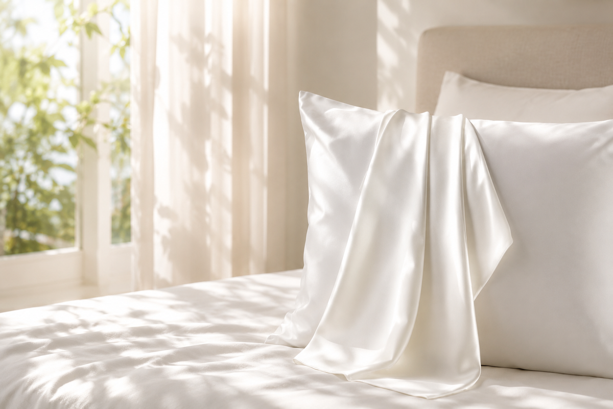 Funda de almohada de seda de morera color blanco sobre una cama iluminada por luz natural
