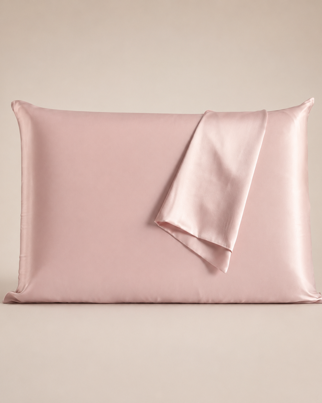 Funda de almohada de seda 100% morera en color floe de cerezo, presentada sobre un fondo neutro.

